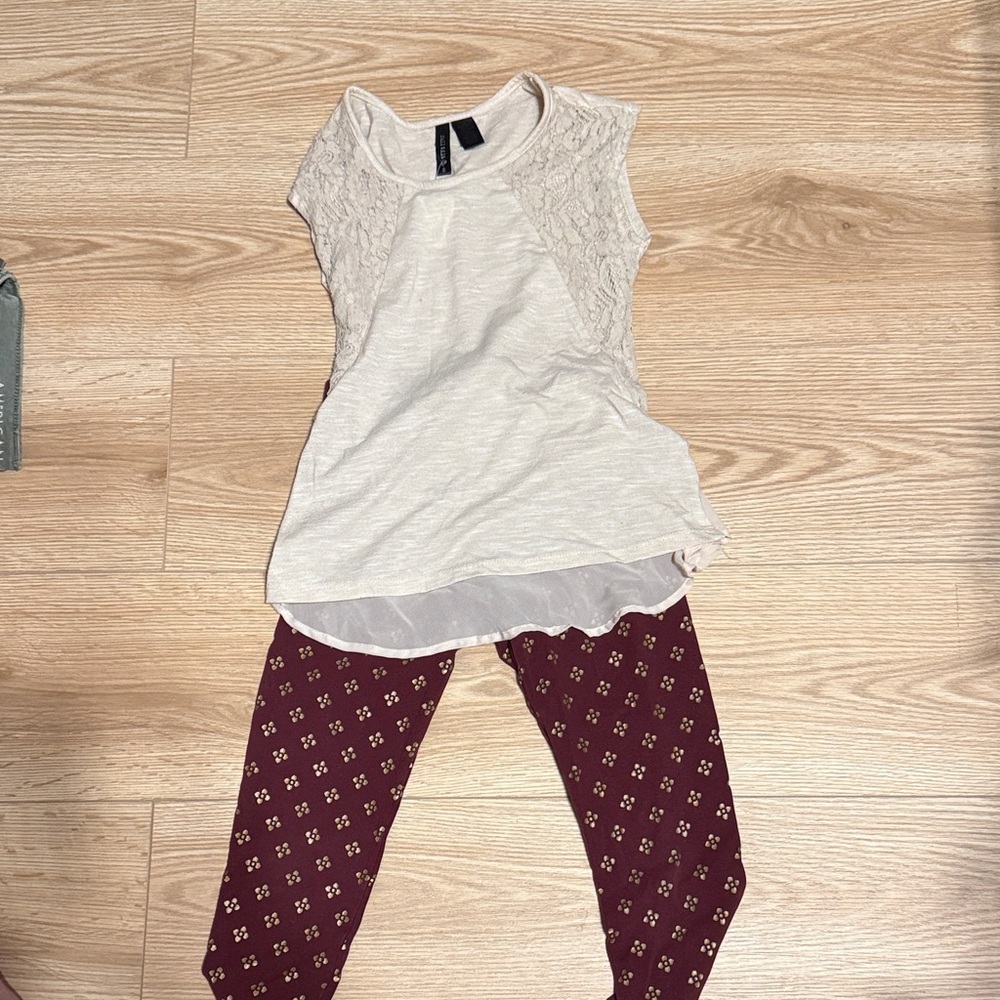 Cream Lace Top and Maroon & Gold Patterned Leggings Set